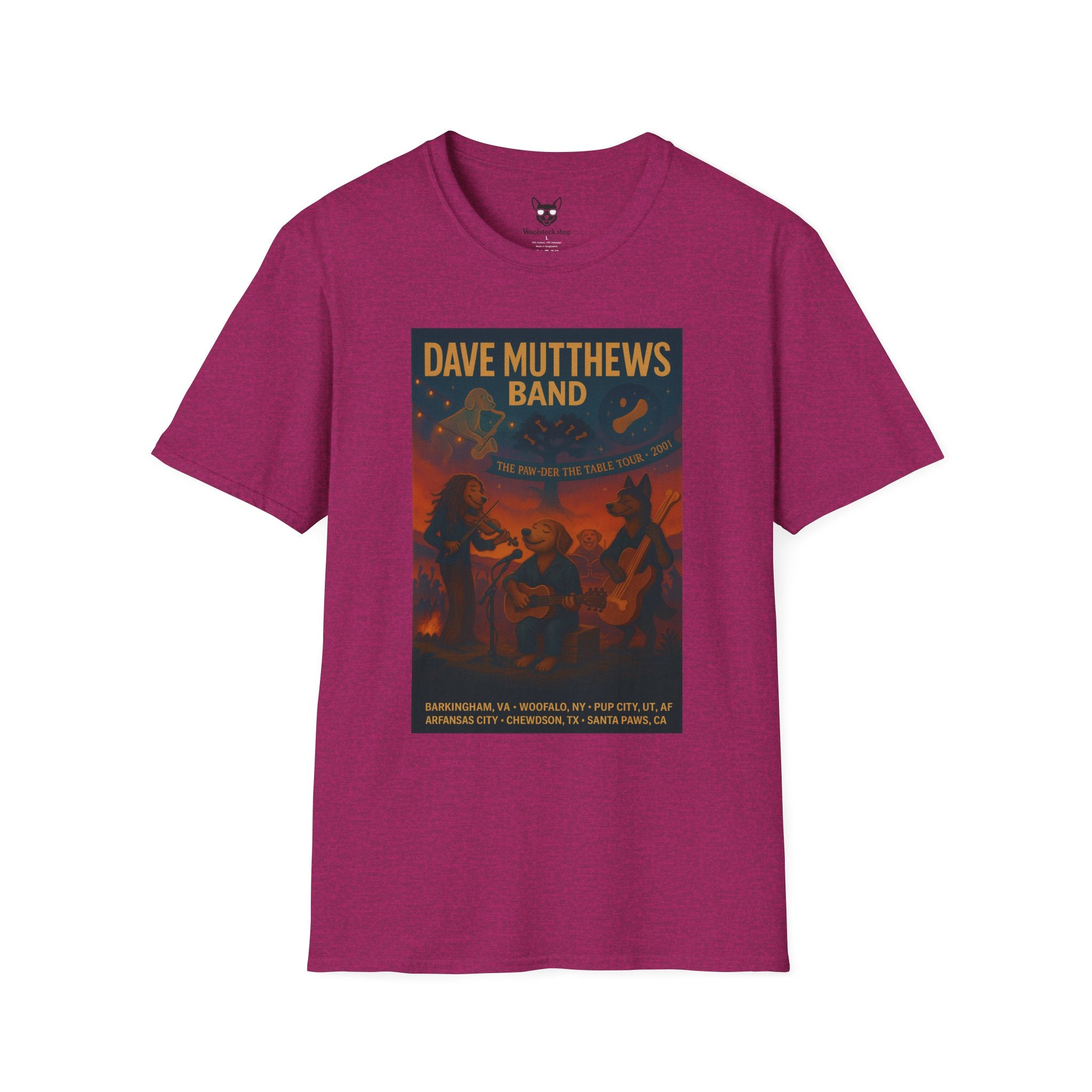 Dave Matthews Band Concert Poster Dog Parody Unisex Softstyle T-Shirt -- Funny Dog Concert Tee for Music and Dog Lovers